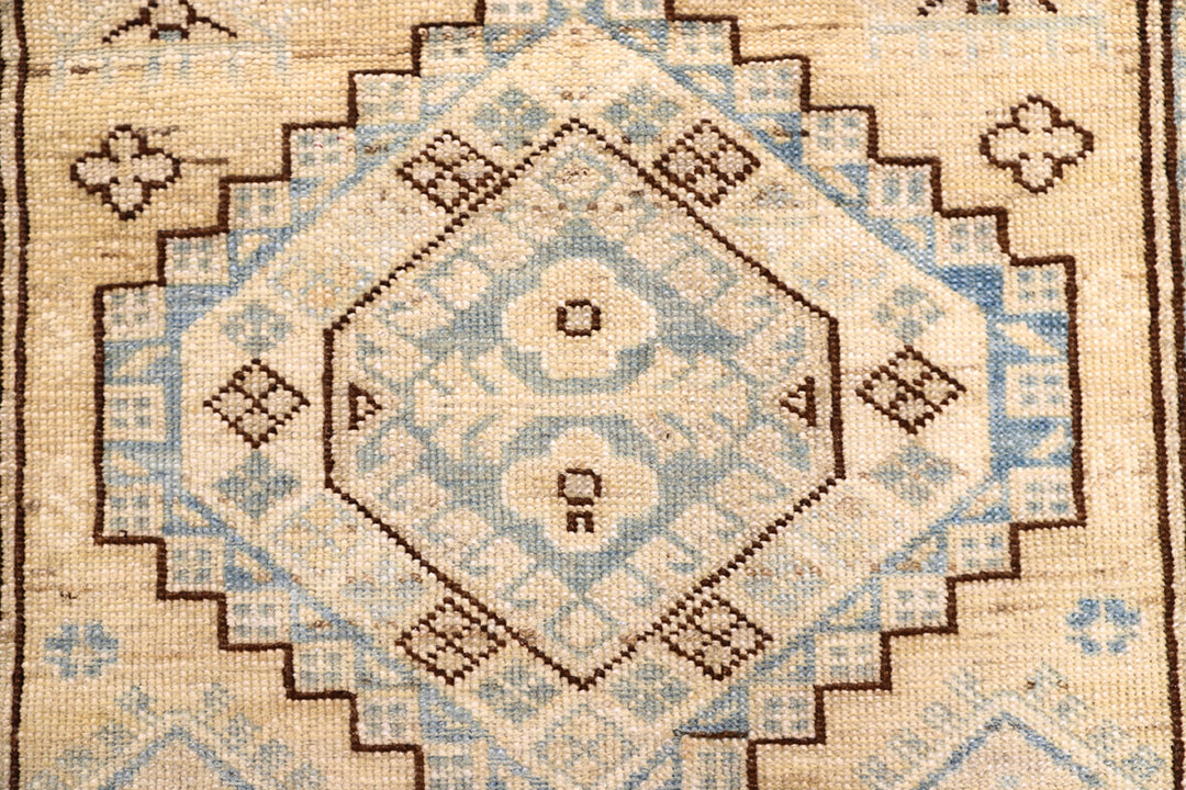 3x4 soft color geometric Caucasian design small accent hand-knotted wool rug from the Ariana Hazara Collection by Ariana Rugs