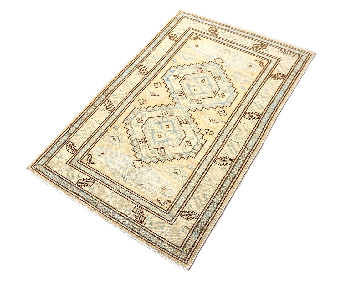 3x4 soft color geometric Caucasian design small accent hand-knotted wool rug from the Ariana Hazara Collection by Ariana Rugs
