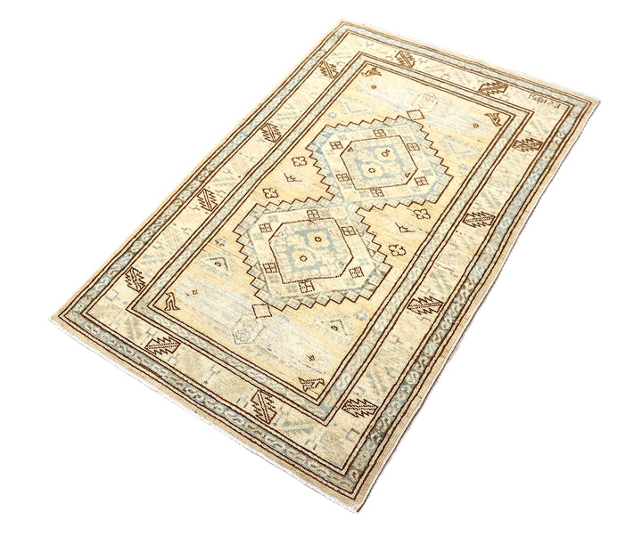 3x4 soft color geometric Caucasian design small accent hand-knotted wool rug from the Ariana Hazara Collection by Ariana Rugs