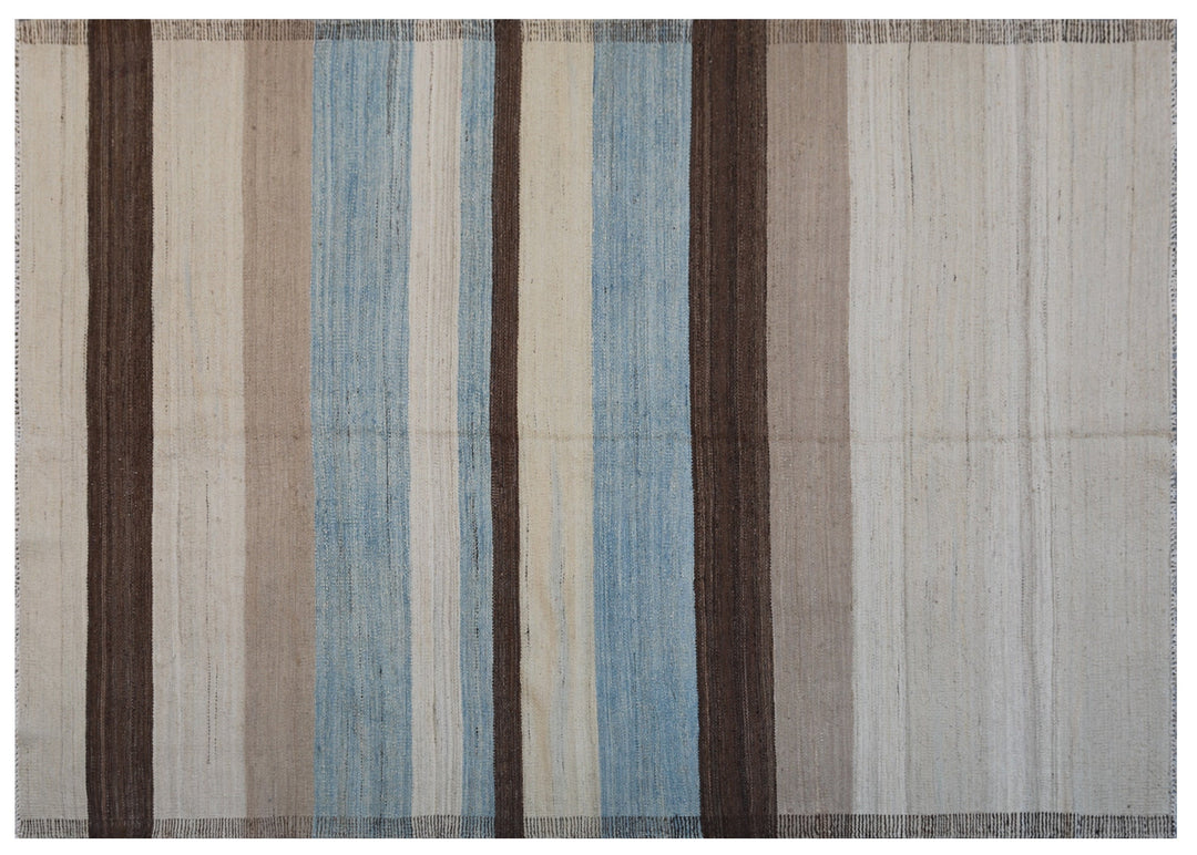 5x7 Ariana Kilim hand-woven Afghan wool rug with blue, white, camel, and brown stripes, full overhead view.