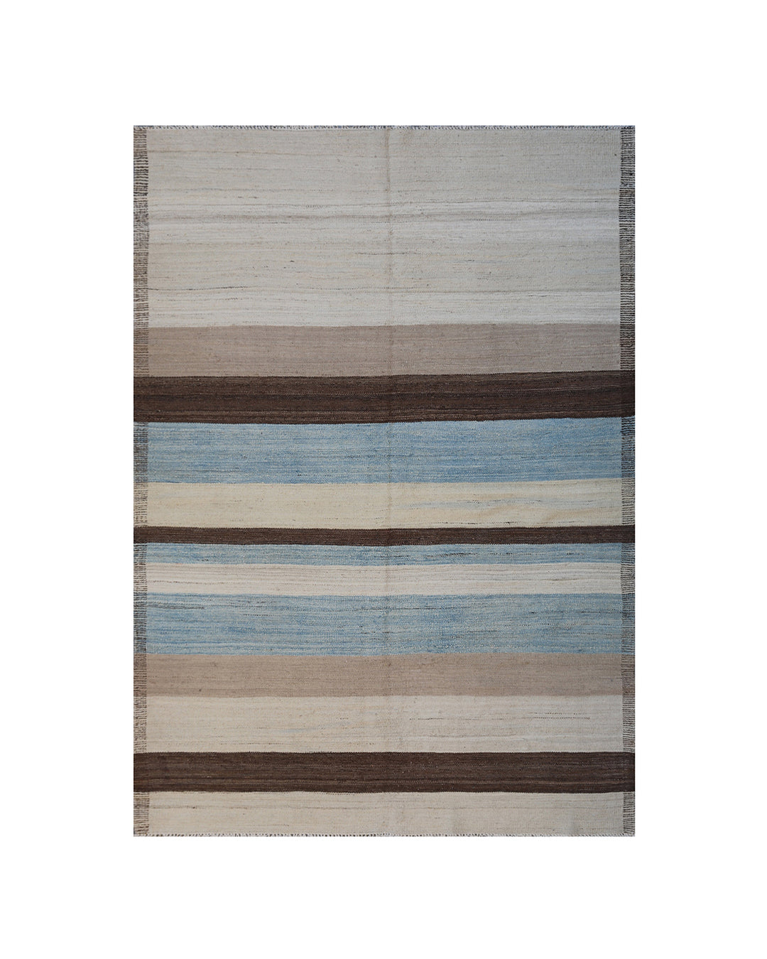 5x7 Ariana Kilim hand-woven Afghan wool rug with blue, white, camel, and brown stripes, full overhead view.