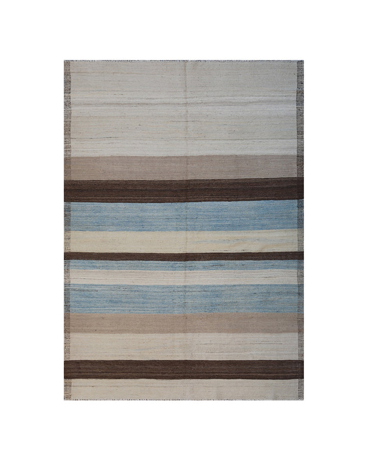 5x7 Ariana Kilim hand-woven Afghan wool rug with blue, white, camel, and brown stripes, full overhead view.