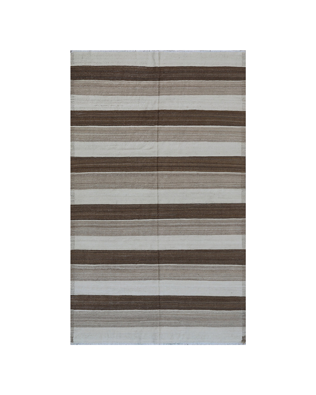 6x10 Ariana Kilim hand-woven Afghan wool rug with earth tone cream and brown stripes, full overhead view.