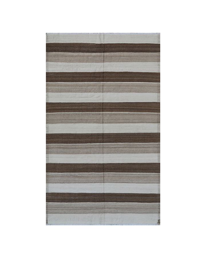 6x10 Ariana Kilim hand-woven Afghan wool rug with earth tone cream and brown stripes, full overhead view.