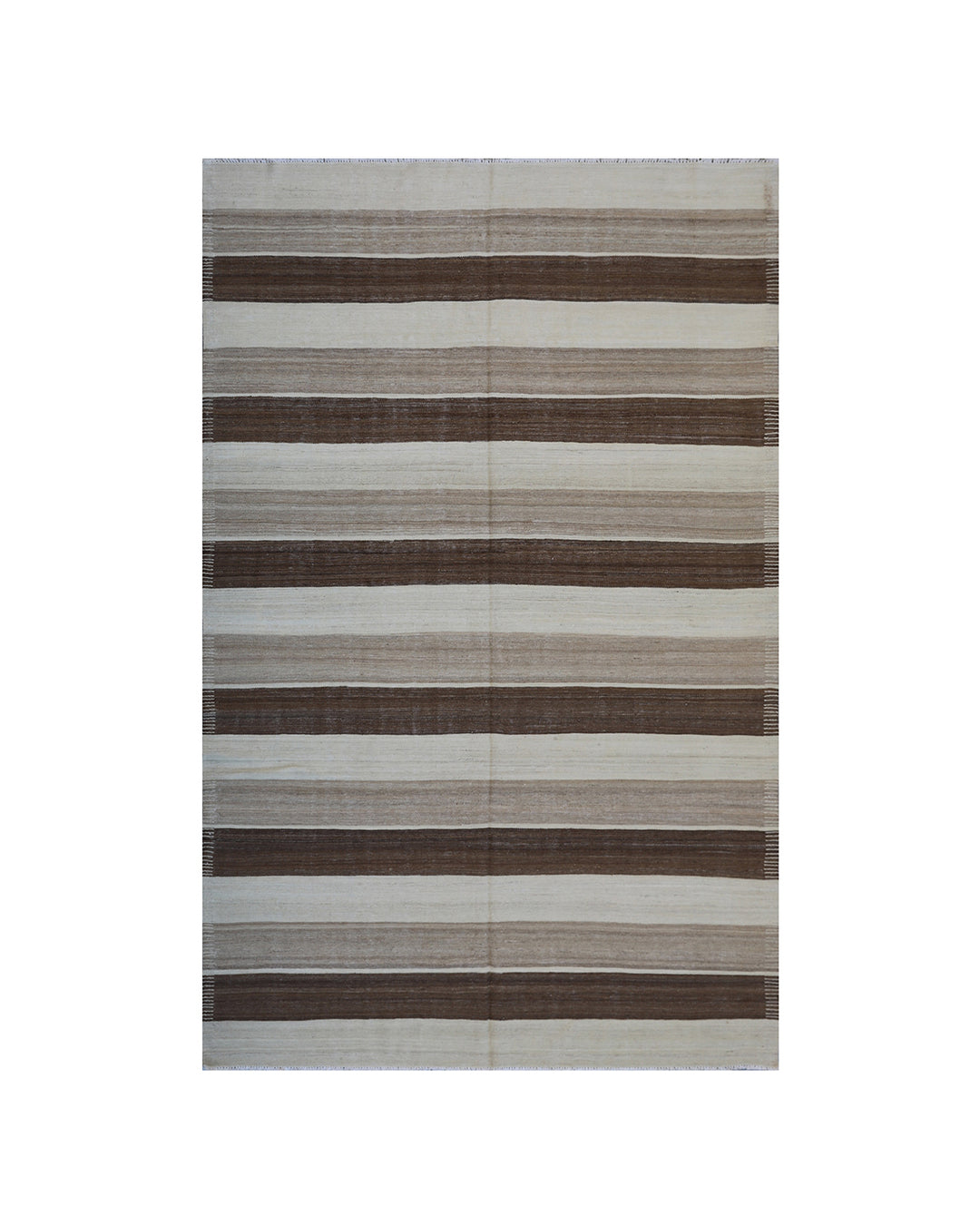 6x9 Ariana Kilim hand-woven Afghan wool rug with brown, beige, and cream stripes, full overhead view.