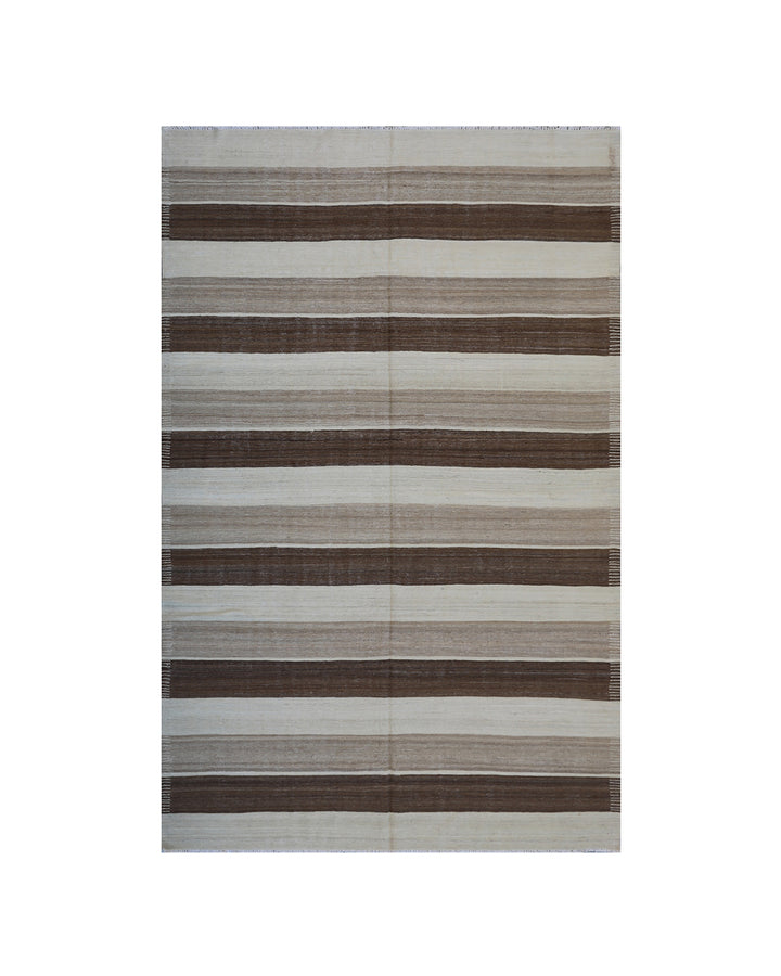 6x9 Ariana Kilim hand-woven Afghan wool rug with brown, beige, and cream stripes, full overhead view.