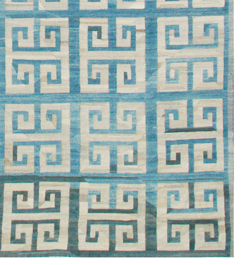 Authentic Ariana Kilim - Large Blue and White Geometric Design