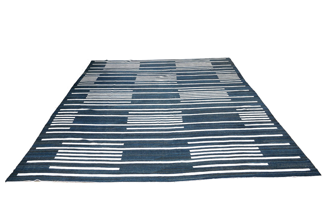 Ariana Kilim Collection 11x16 Maimana Afghanistan Natural Indigo and White Wool Handwoven Rug