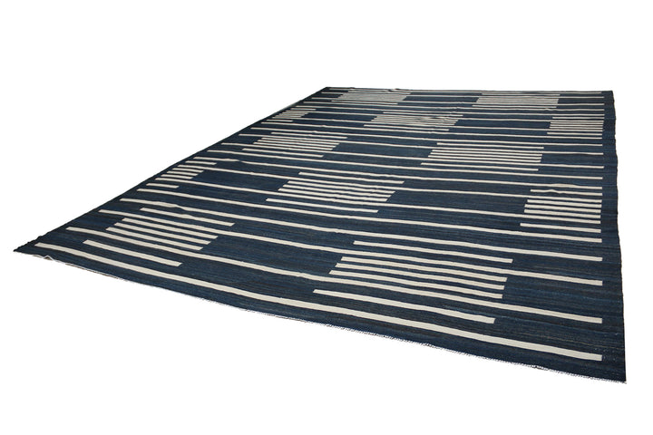 Ariana Kilim Collection 11x16 Maimana Afghanistan Natural Indigo and White Wool Handwoven Rug