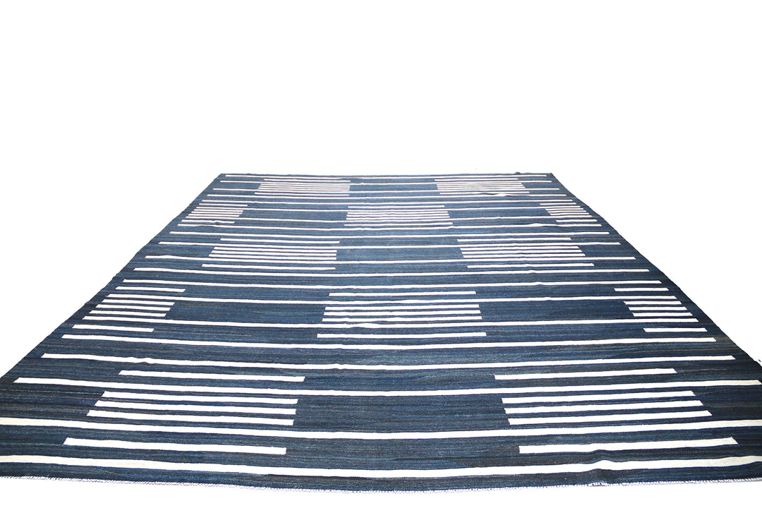 Ariana Kilim Collection 11x16 Maimana Afghanistan Natural Indigo and White Wool Handwoven Rug