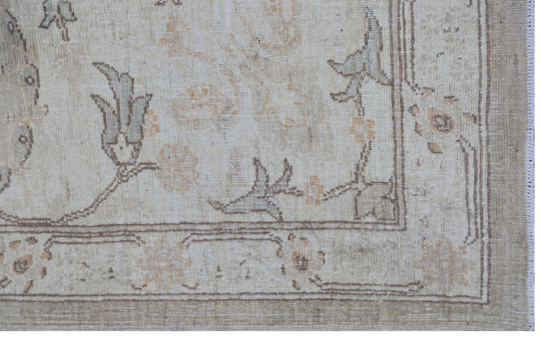 Oversized 11x15 Ariana Luxury hand-knotted Afghan wool and silk rug with Persian pattern in soft gold, blue, and ivory, full view.