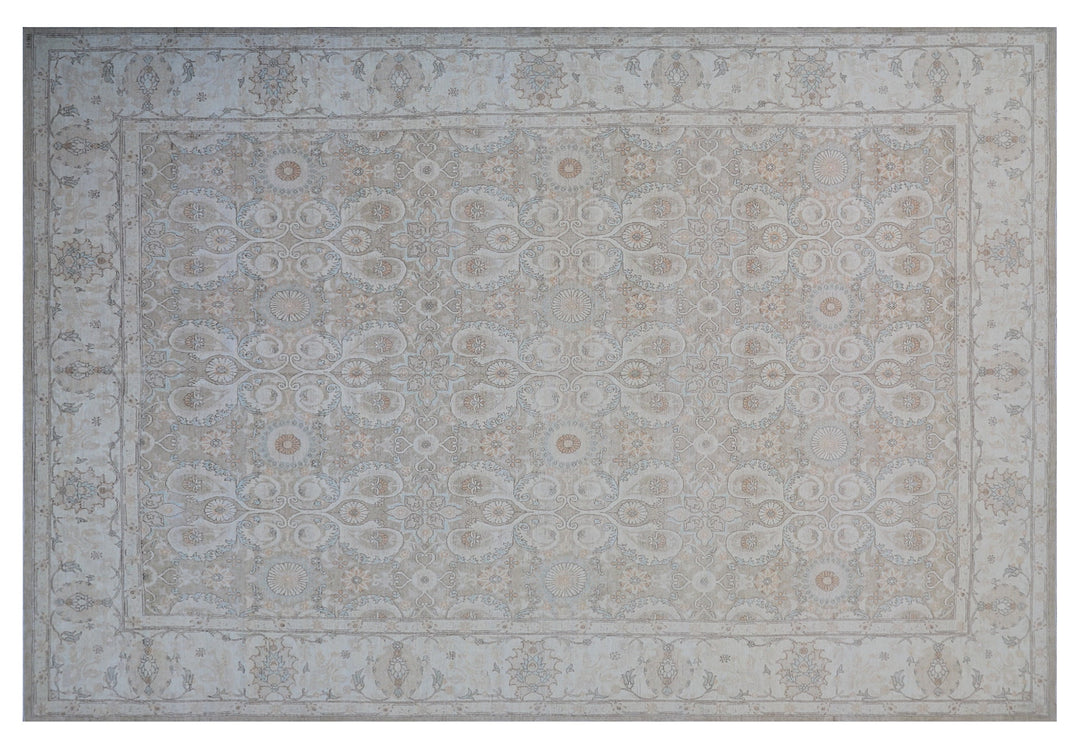 Oversized 11x15 Ariana Luxury hand-knotted Afghan wool and silk rug with Persian pattern in soft gold, blue, and ivory, full view.