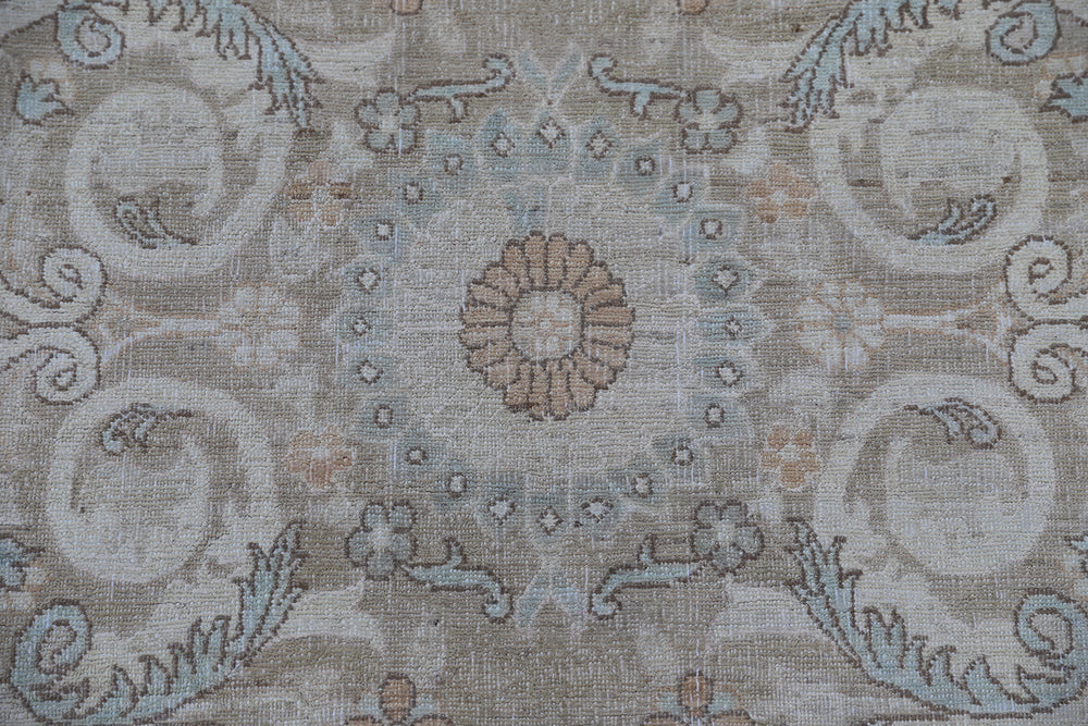 Oversized 11x15 Ariana Luxury hand-knotted Afghan wool and silk rug with Persian pattern in soft gold, blue, and ivory, full view.