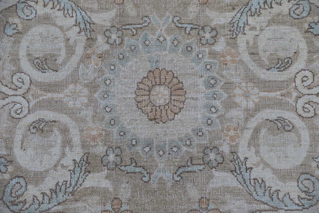 Oversized 11x15 Ariana Luxury hand-knotted Afghan wool and silk rug with Persian pattern in soft gold, blue, and ivory, full view.