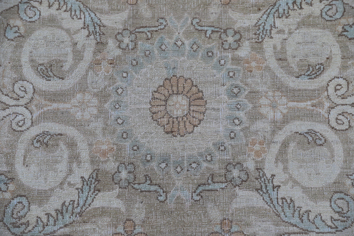 Oversized 11x15 Ariana Luxury hand-knotted Afghan wool and silk rug with Persian pattern in soft gold, blue, and ivory, full view.