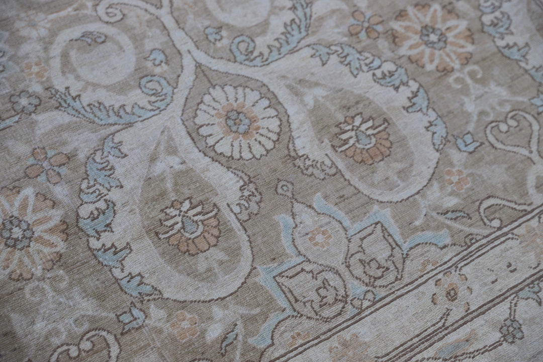 Oversized 11x15 Ariana Luxury hand-knotted Afghan wool and silk rug with Persian pattern in soft gold, blue, and ivory, full view.