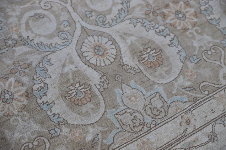 Oversized 11x15 Ariana Luxury hand-knotted Afghan wool and silk rug with Persian pattern in soft gold, blue, and ivory, full view.