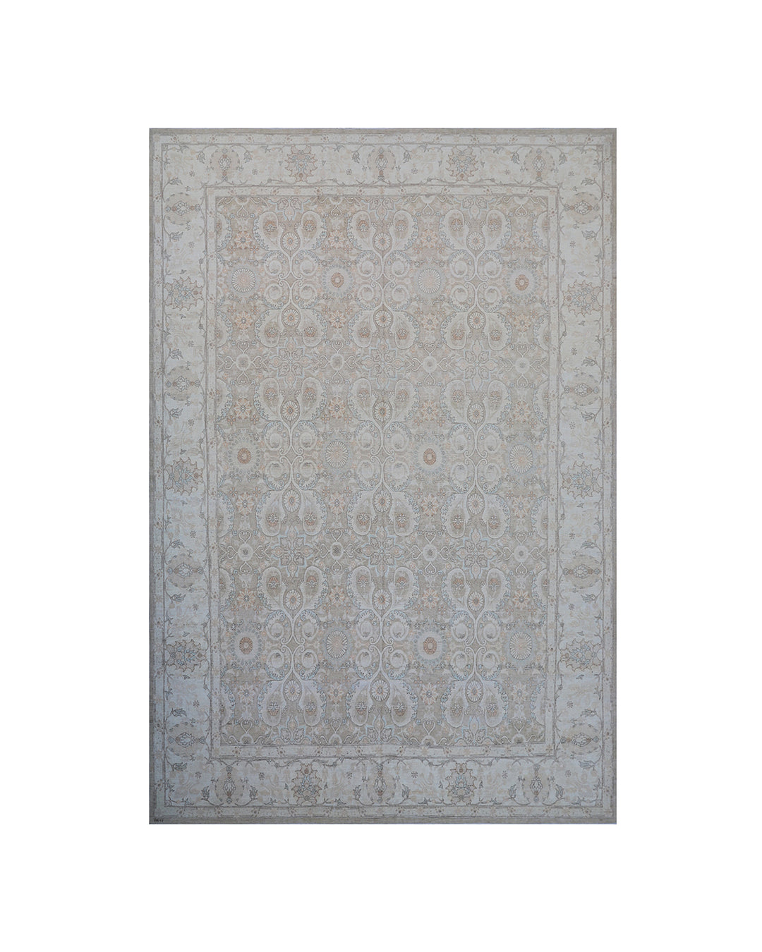 Oversized 11x15 Ariana Luxury hand-knotted Afghan wool and silk rug with Persian pattern in soft gold, blue, and ivory, full view.