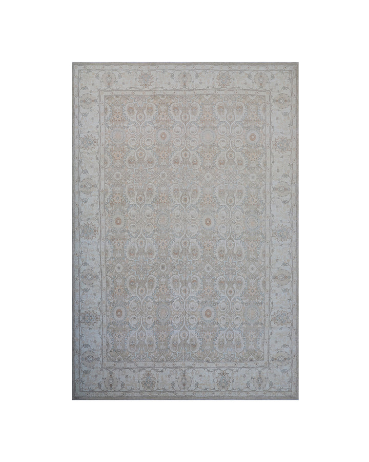 Oversized 11x15 Ariana Luxury hand-knotted Afghan wool and silk rug with Persian pattern in soft gold, blue, and ivory, full view.