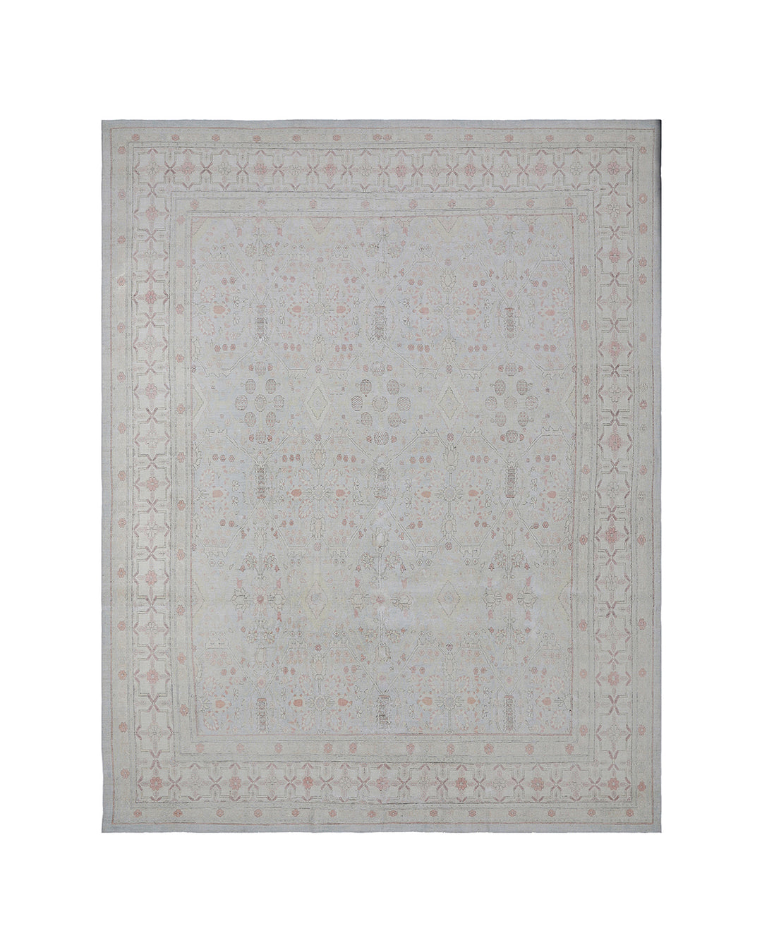 Fine 10x13 hand-knotted Ariana luxury rug featuring an intricate Persian Tabriz pattern in icy blue, pink, and ivory with silk highlights.