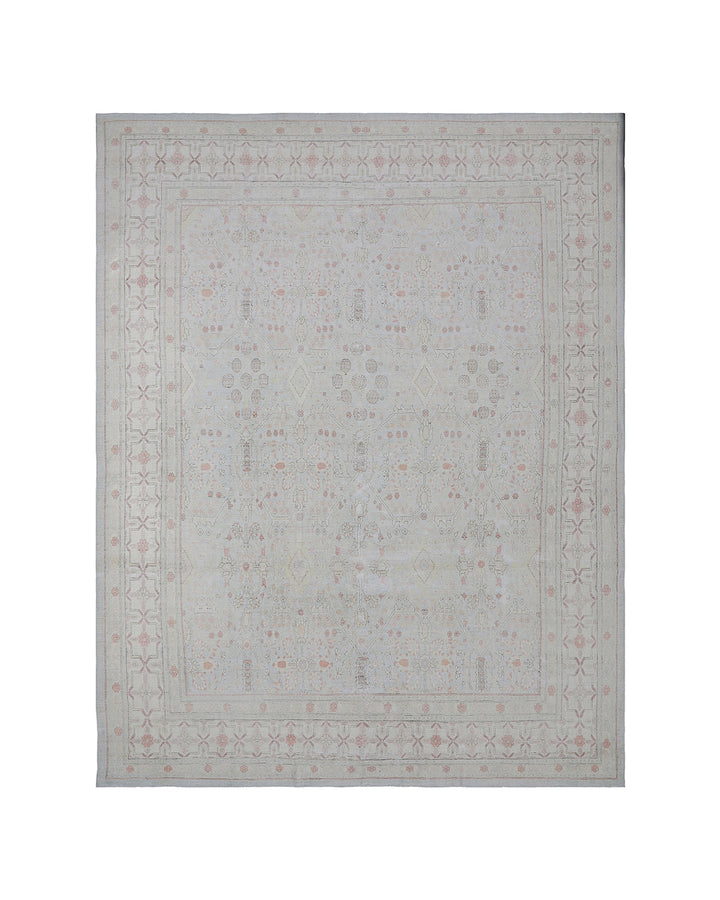Fine 10x13 hand-knotted Ariana luxury rug featuring an intricate Persian Tabriz pattern in icy blue, pink, and ivory with silk highlights.