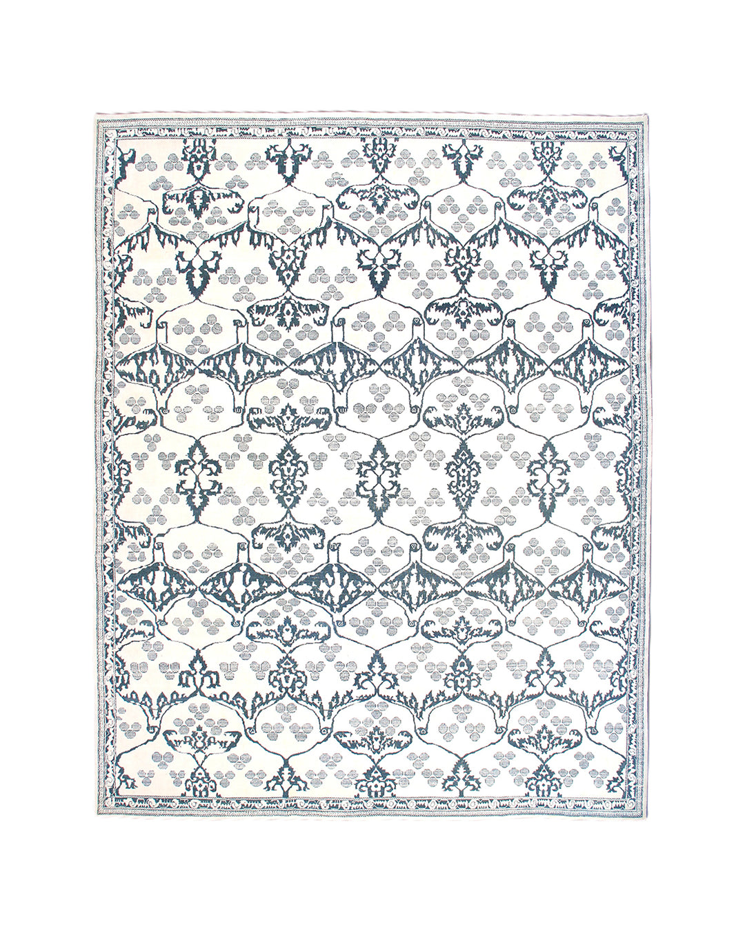 Ariana Modern Collection 8x10 hand-knotted Afghan rug ethically crafted in Afghanistan featuring a stark white cotton background with a fine indigo Ottoman design.