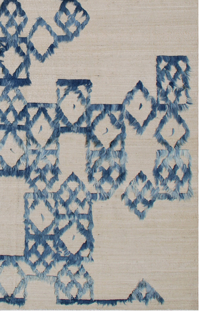 7x10 Ariana Modern Blue and Cream Kilim Rug - Hand-woven Flatweave