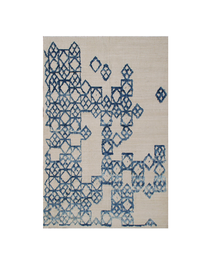 7x10 Ariana Modern Blue and Cream Kilim Rug - Hand-woven Flatweave