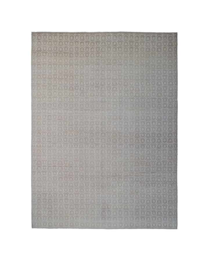 Large 10x14 hand-knotted Ariana Modern wool and silk rug with a minimalist green and neutral circular design.