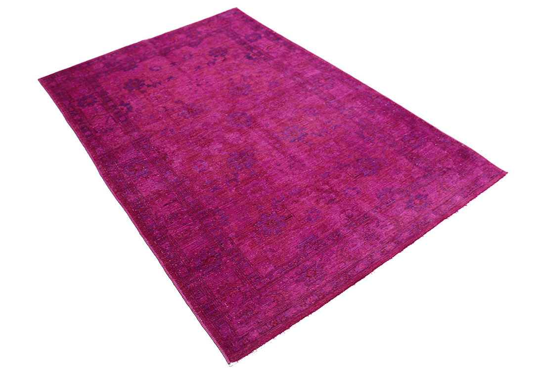 Ariana Overdye 3'11" x 5'9" hand-knotted luxury Afghan rug in magenta with Persian motif, ethically woven by Hazara women artisans.