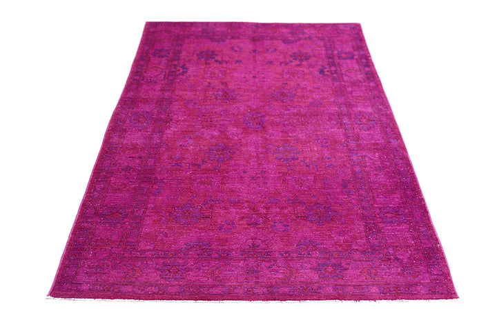 Ariana Overdye 3'11" x 5'9" hand-knotted luxury Afghan rug in magenta with Persian motif, ethically woven by Hazara women artisans.