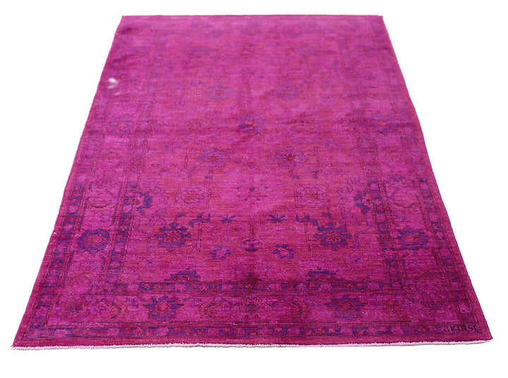 Ariana Overdye 3'11" x 5'9" hand-knotted luxury Afghan rug in magenta with Persian motif, ethically woven by Hazara women artisans.