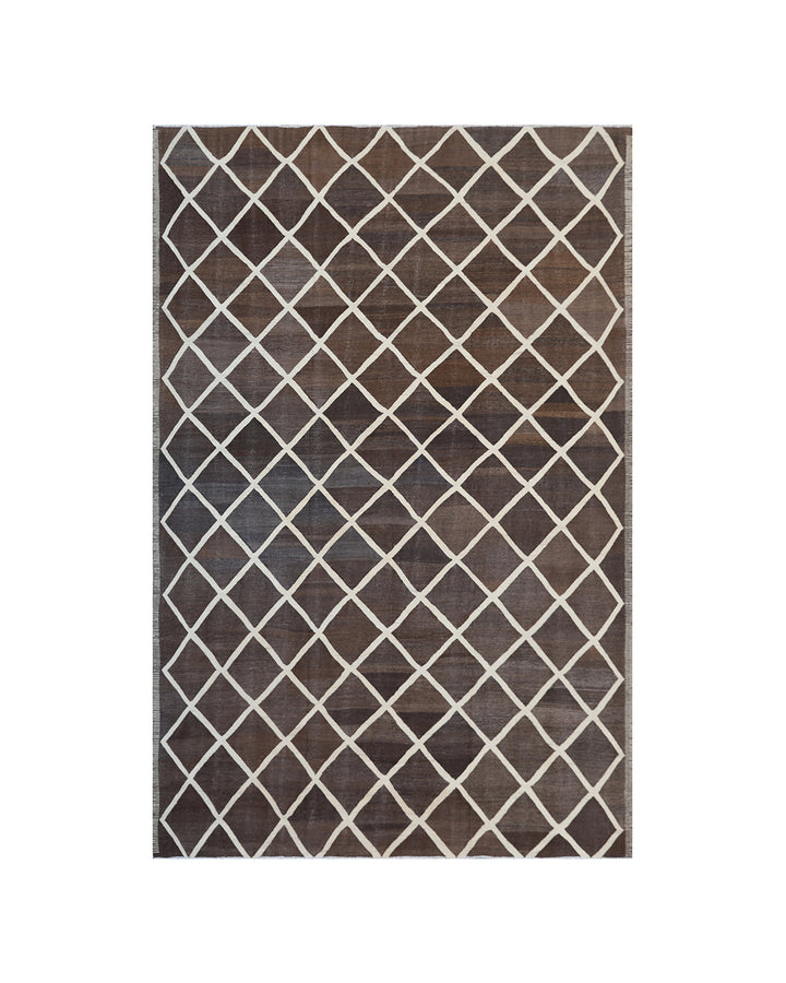 Ariana Rugs 10'x14' handwoven brown and ivory wool kilim area rug featuring an organic flatweave structure on a natural wool foundation.
