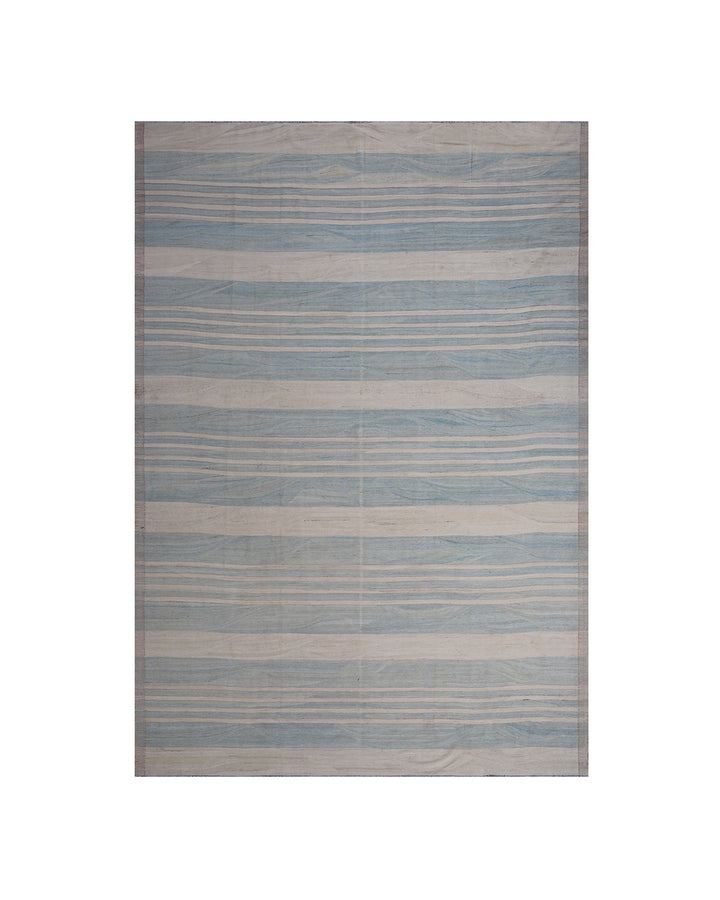 Ariana Rugs 10'x14' handwoven soft blue and ivory striped wool kilim area rug featuring a modern flatweave structure on a cotton foundation.