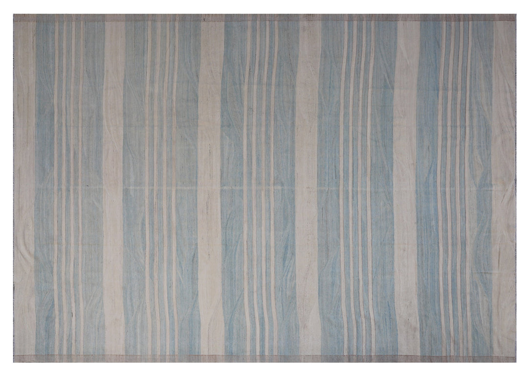 Ariana Rugs 10'x14' handwoven soft blue and ivory striped wool kilim area rug featuring a modern flatweave structure on a cotton foundation.