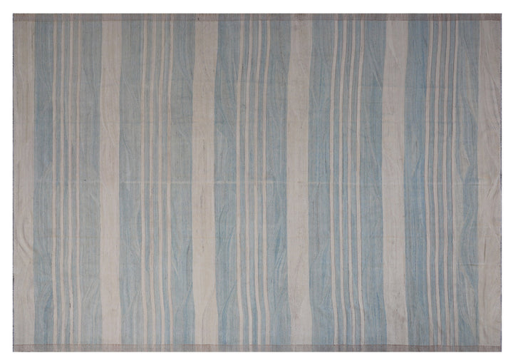 Ariana Rugs 10'x14' handwoven soft blue and ivory striped wool kilim area rug featuring a modern flatweave structure on a cotton foundation.