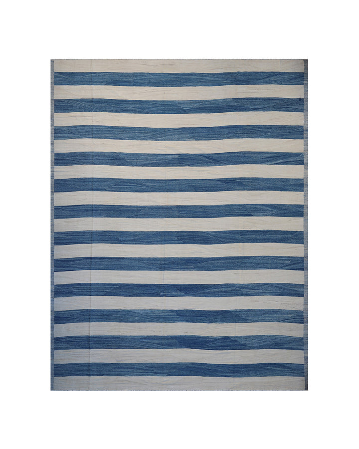 Ariana Rugs 12'x15' hand-knotted blue and white stripe wool kilim area rug featuring a modern flatweave construction on a cotton base.