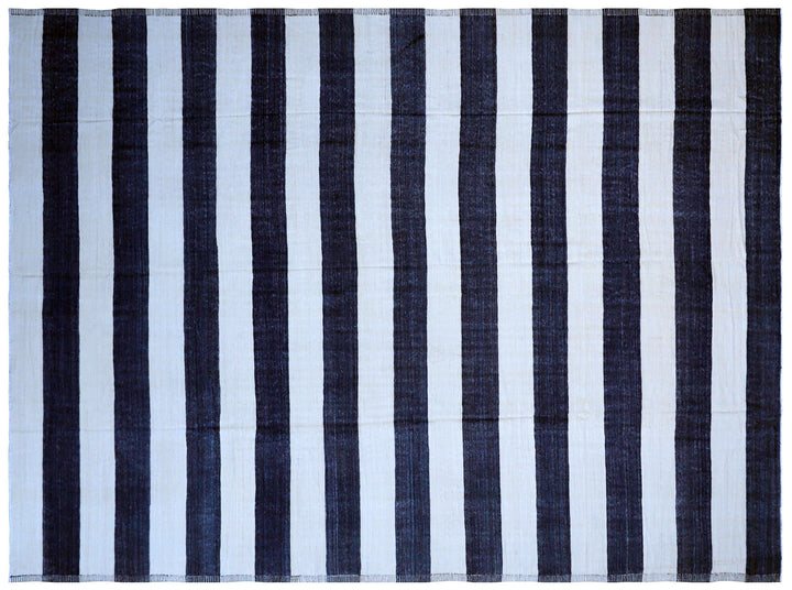 Ariana Rugs 12'x17' handwoven navy and white striped wool kilim area rug featuring a clean flatweave construction on a cotton foundation.