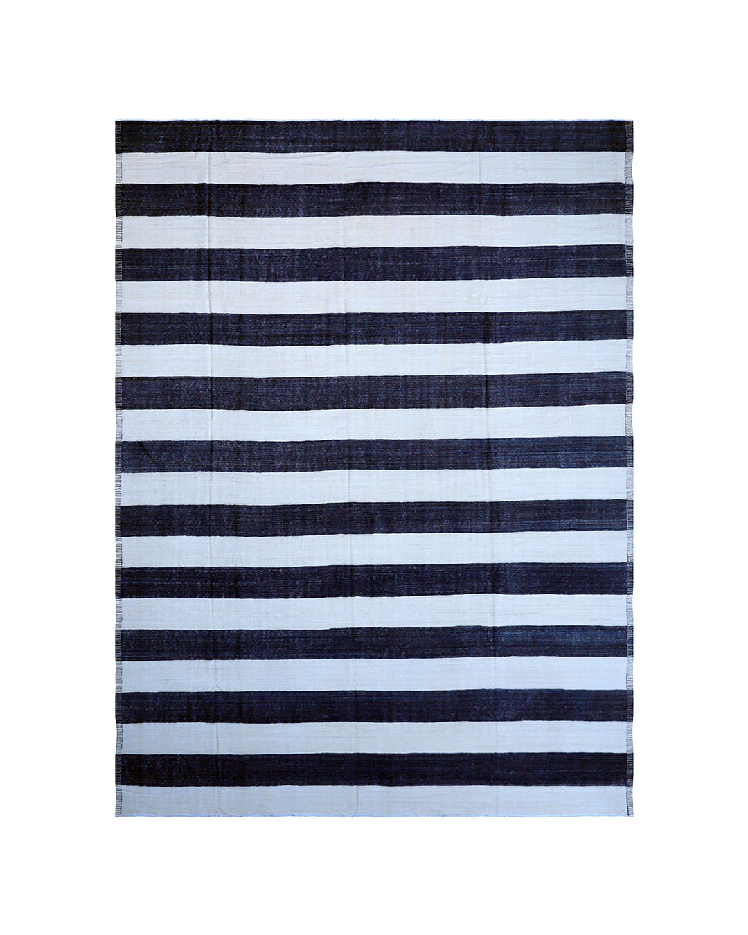Ariana Rugs 12'x17' handwoven navy and white striped wool kilim area rug featuring a clean flatweave construction on a cotton foundation.
