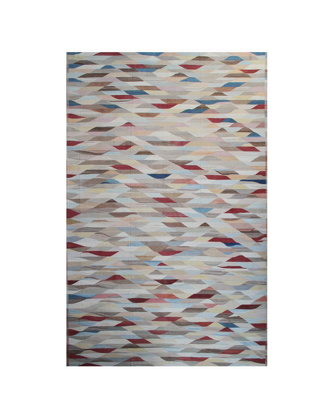 Ariana Rugs 14'x22' extra large handwoven colorful wool kilim area rug featuring a geometric pattern in blue, cream, rust, and brown on a cotton foundation.