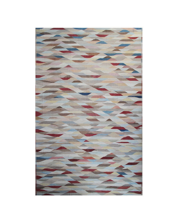 Ariana Rugs 14'x22' extra large handwoven colorful wool kilim area rug featuring a geometric pattern in blue, cream, rust, and brown on a cotton foundation.