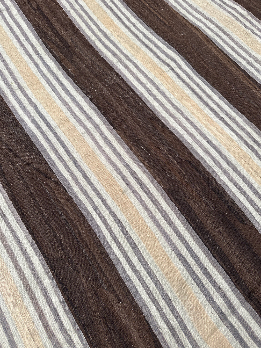 Ariana Rugs 17'x29' oversized handwoven brown and cream striped wool kilim area rug featuring a clean flatweave construction on a cotton foundation.