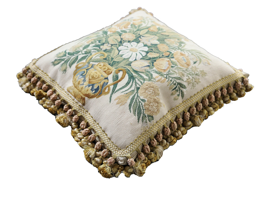 Ariana Rugs 19x18 ivory Aubusson tapestry wool pillow cover with central floral vase design and gold tassels