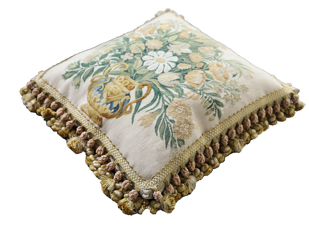Ariana Rugs 19x18 ivory Aubusson tapestry wool pillow cover with central floral vase design and gold tassels
