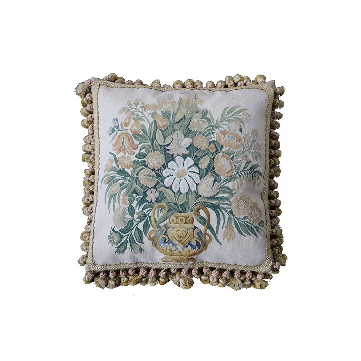 Ariana Rugs 19x18 ivory Aubusson tapestry wool pillow cover with central floral vase design and gold tassels