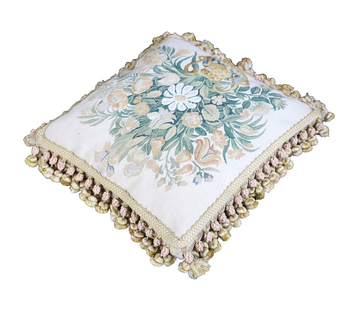 Ariana Rugs 19x18 ivory Aubusson tapestry wool pillow cover with central floral vase design and gold tassels