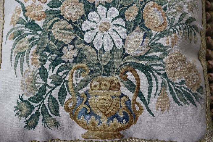 Ariana Rugs 19x18 ivory Aubusson tapestry wool pillow cover with central floral vase design and gold tassels