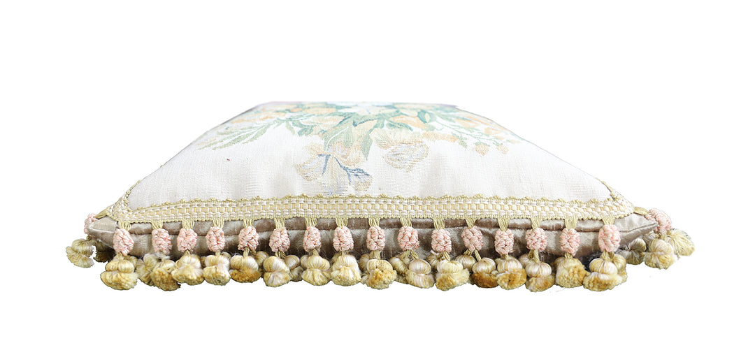Ariana Rugs 19x18 ivory Aubusson tapestry wool pillow cover with central floral vase design and gold tassels