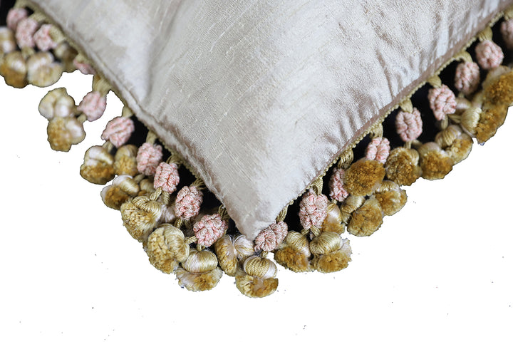 Ariana Rugs 19x18 ivory Aubusson tapestry wool pillow cover with central floral vase design and gold tassels