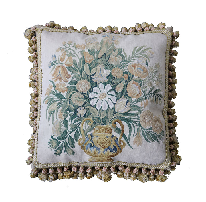 Ariana Rugs 19x18 ivory Aubusson tapestry wool pillow cover with central floral vase design and gold tassels